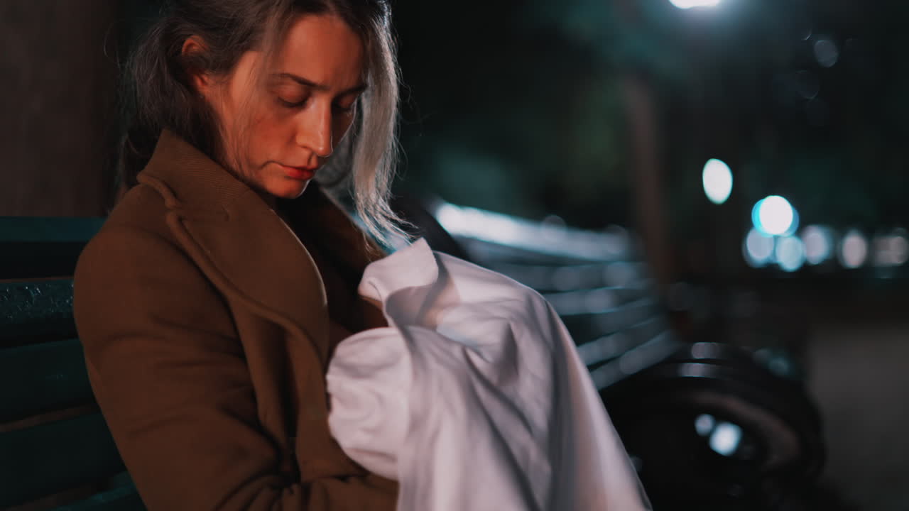 A thoughtful woman resting on a park bench under soft night lights, wrapped in a coat and holding a baby