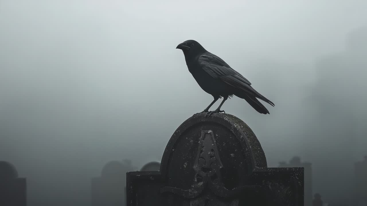 Shifting stance causing black crow hopping tombstone in cemetery, unfurling wings and flying left