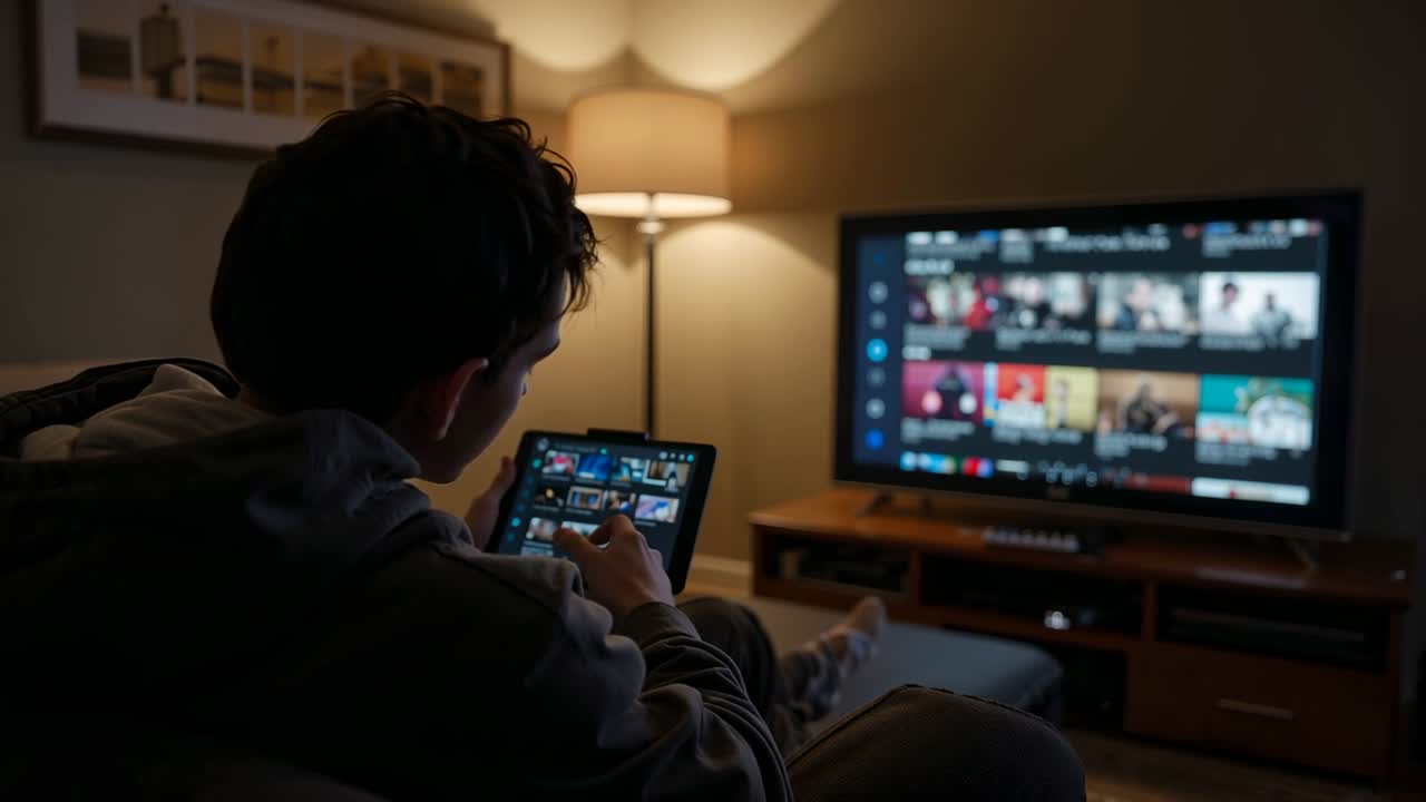 Video verticale: Uno studente con felpa scura con cappuccio che tocca il tablet, selezionando uno spettacolo per la TV a casa, con spazio per il testo.