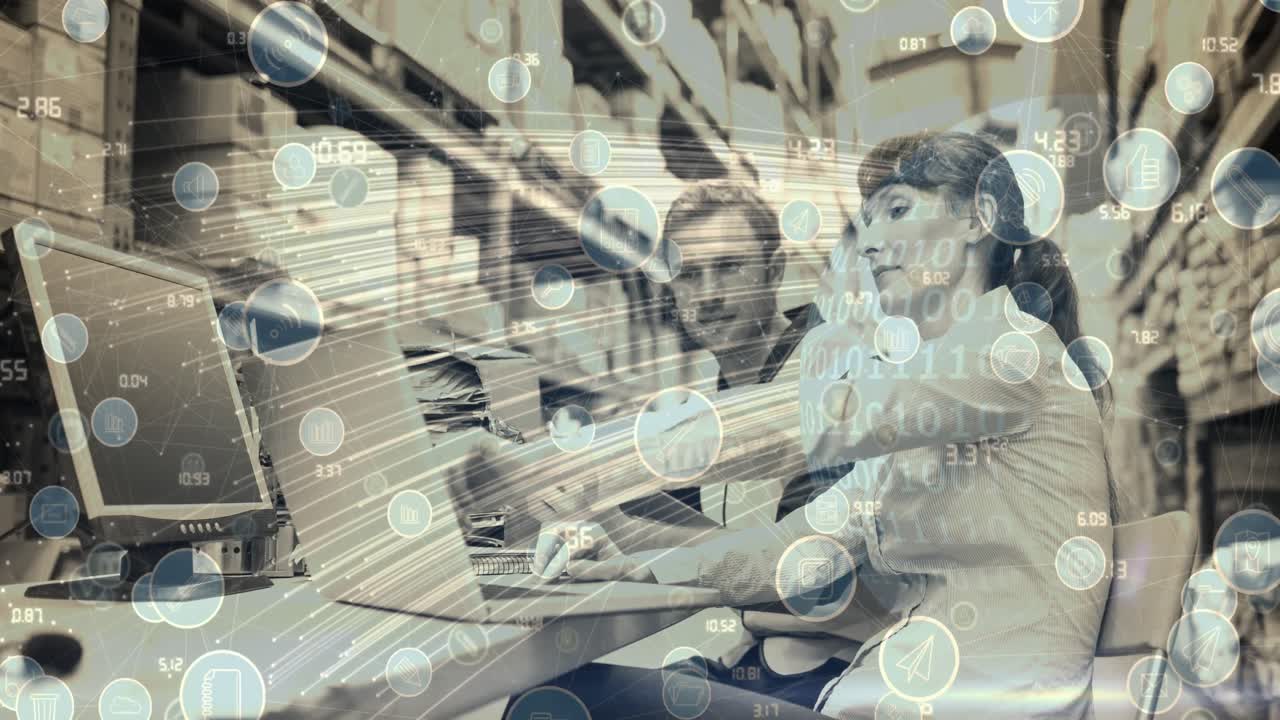 анимация сетей соединений с цифровыми иконками через пару с использованием компьютера