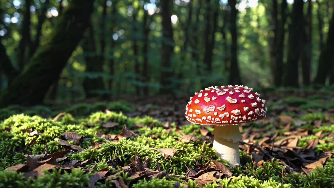 Low-angle video shot of a vibrant red mushroom in a lush forest, capturing the enchanting woodland