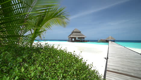 maldives wooden track for water villa bungalows with turquoise ocean water tropical vegetation and beautiful skyline