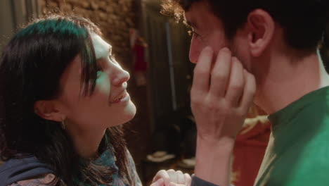 couple of young actors having love dialogue on theater stage
