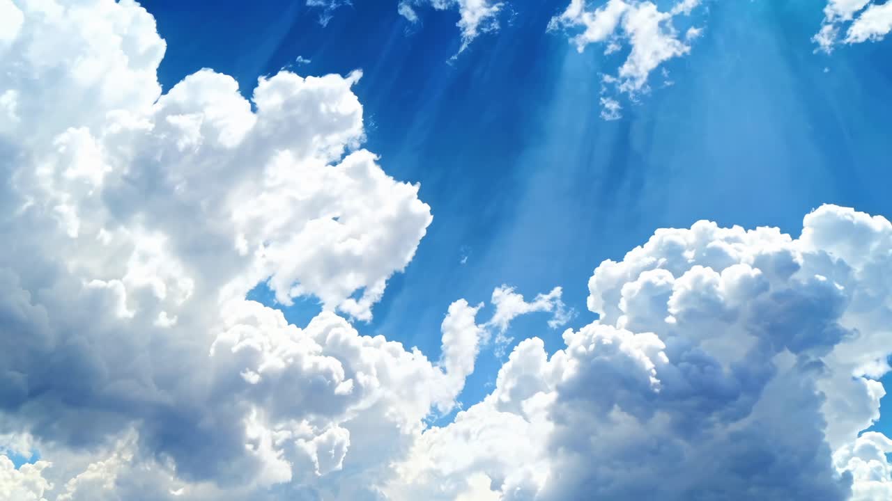 鮮やかな青空を背景に、ふわふわとした白い雲をローアングルから捉えた、穏やかな動画コンセプト。