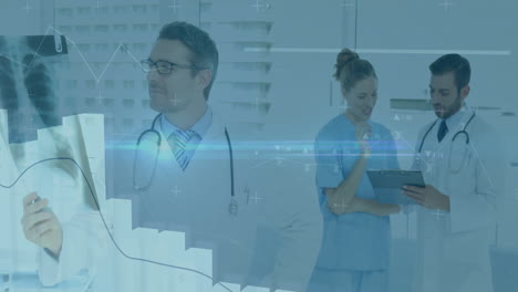doctors and nurses working in hospital with medical data processing animation