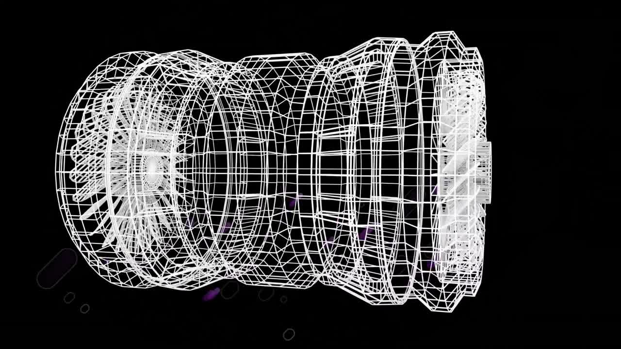 анимация фиолетовых световых следов и 3d-рисунок двигателя на черном фоне