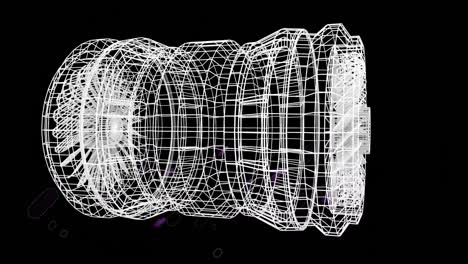 animation of purple light trails and 3d engine drawing on black background