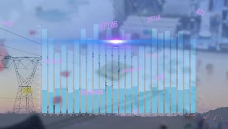 animación del procesamiento de datos estadísticos y el cambio de números contra las torres de red