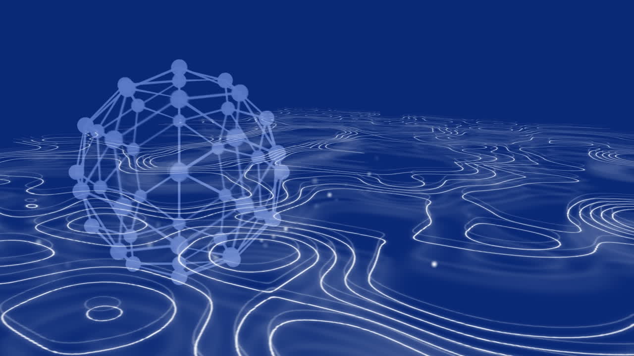 파란색 지구와 파란색 배경 위에 움직이는  ⁇ 색 지도 선의 애니메이션