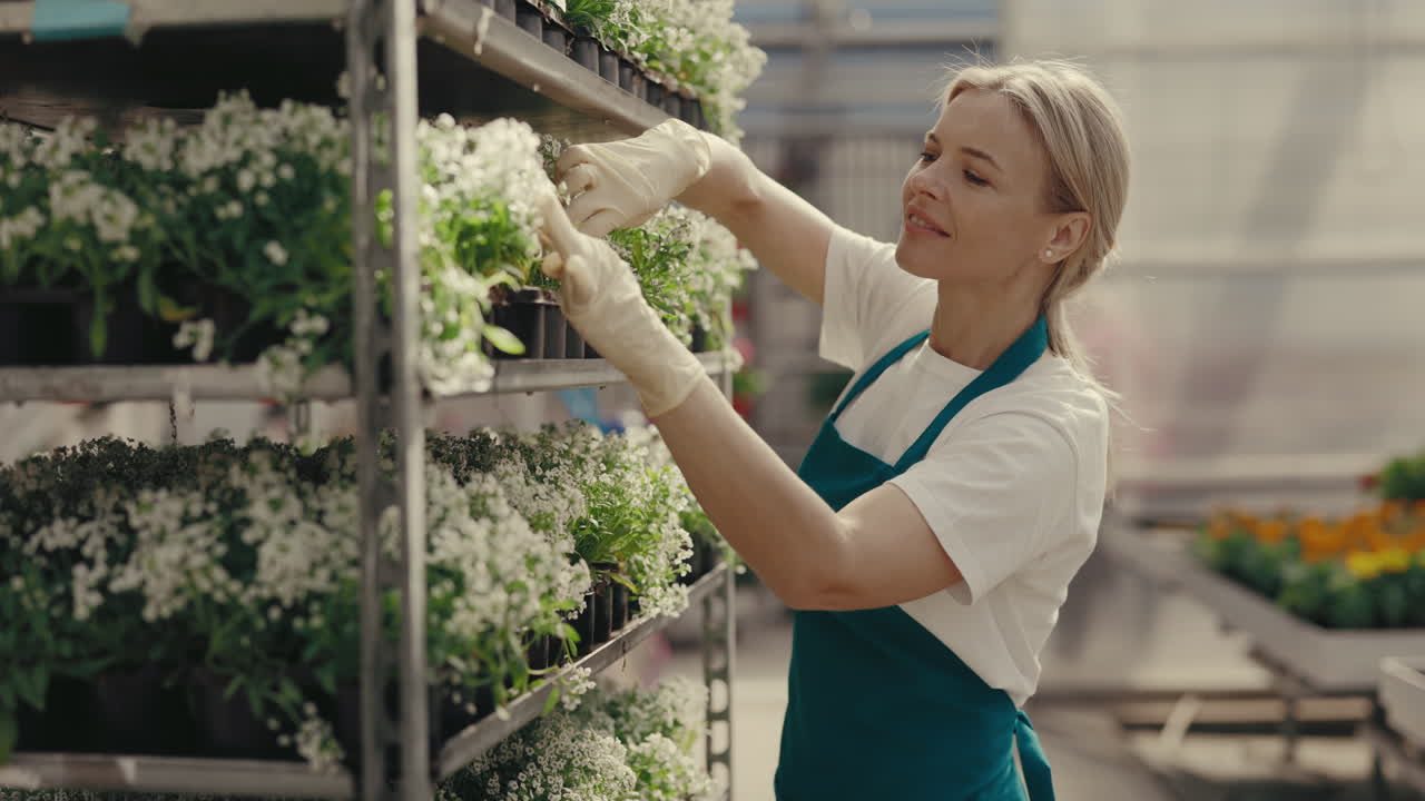 женщина ухаживает за растениями в теплице