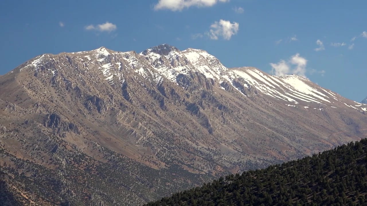 Vista panoramica di cime montuose innevate sotto un cielo azzurro limpido