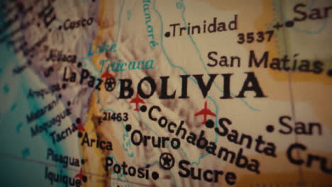 close-up of a political map of bolivia and south america