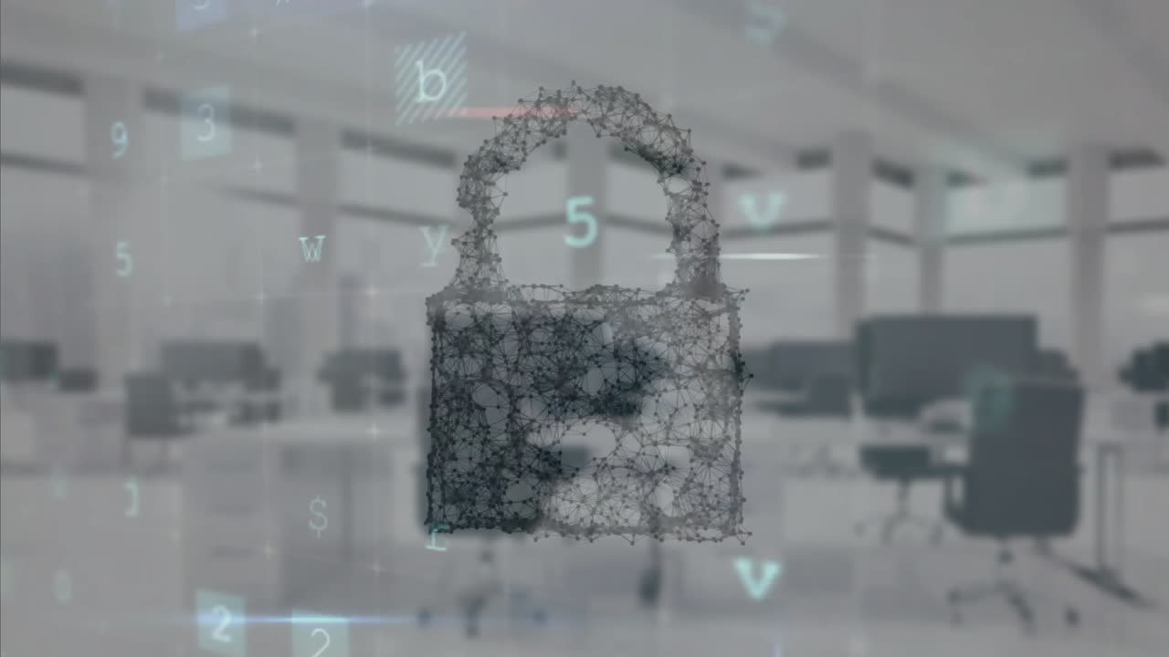animación del texto de advertencia de seguridad cibernética y el candado sobre la oficina