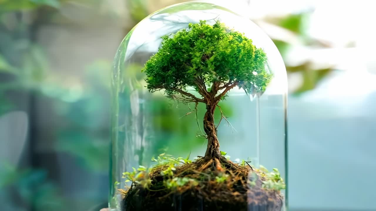 A small tree in a glass dome on a wooden table
