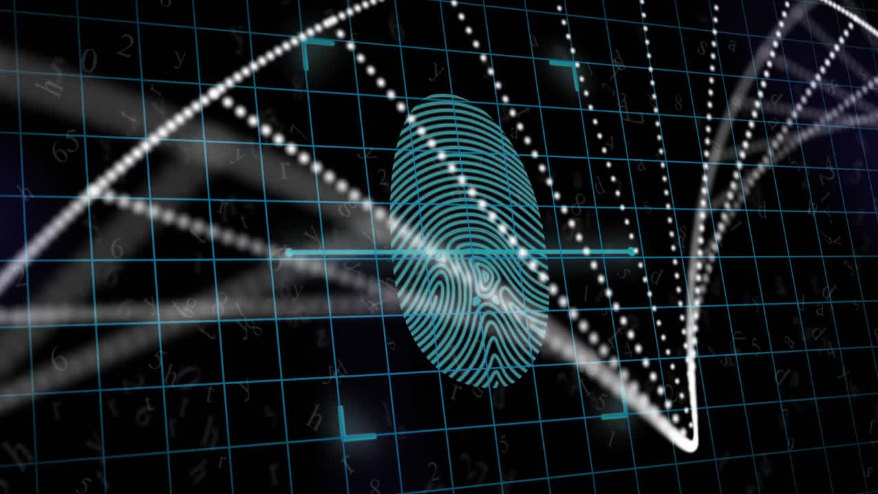 Animation of biometric fingerprint scanner and dna structure spinning against black background