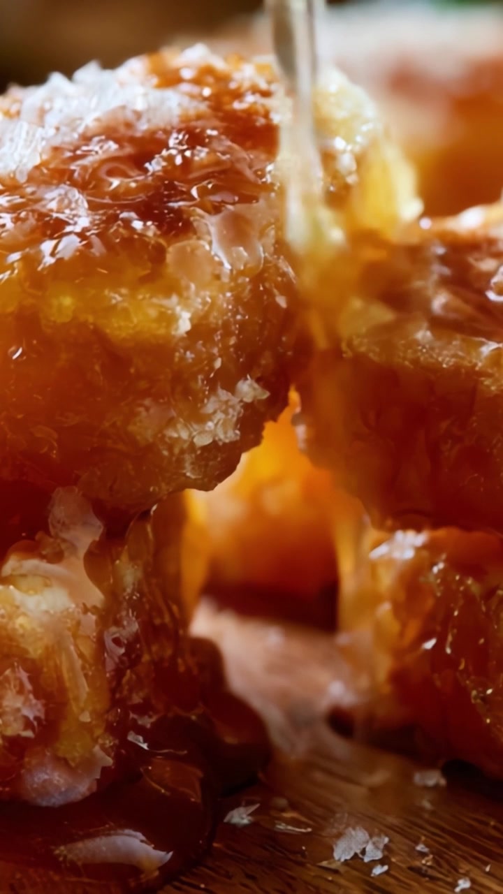 Strati Succulenti di Dolce a Nido d'Ape Dorato: Dolcetti Irresistibili, Gommosi e Lucidi Che Si Sciolgono in Bocca, Aggiungendo Delizia ad Ogni Morso e Occasione