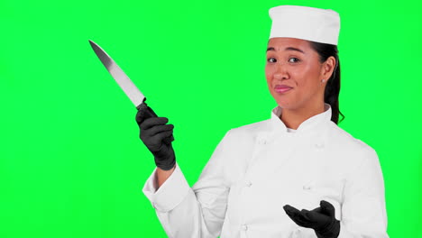 chef, mujer y mano con un cuchillo en un verde