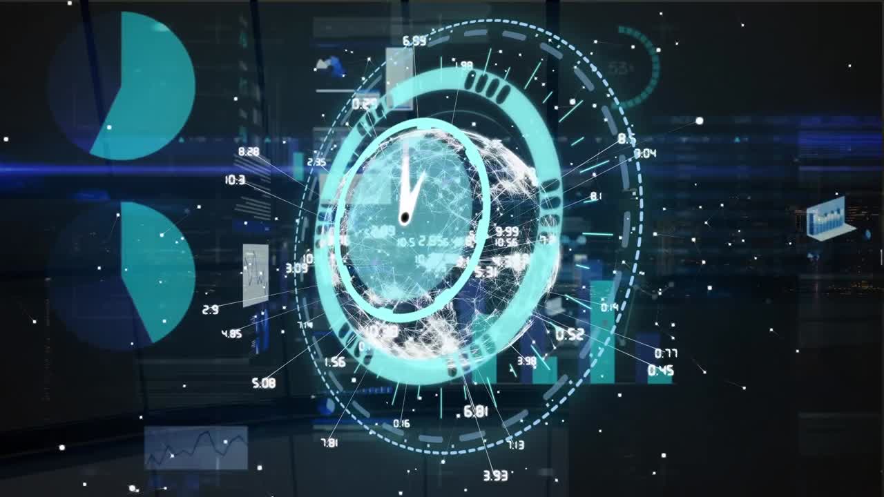 Animation of scope scanning with clock over globe and data processing on black background