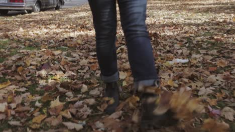 toronto, canada - a person kicking dry maple leaves on the ground while walking on a sunny weather - closeup shot