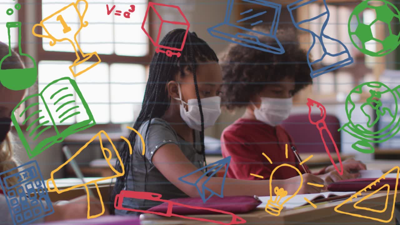 animación de elementos escolares iconos que se mueven sobre los escolares que llevan máscaras faciales