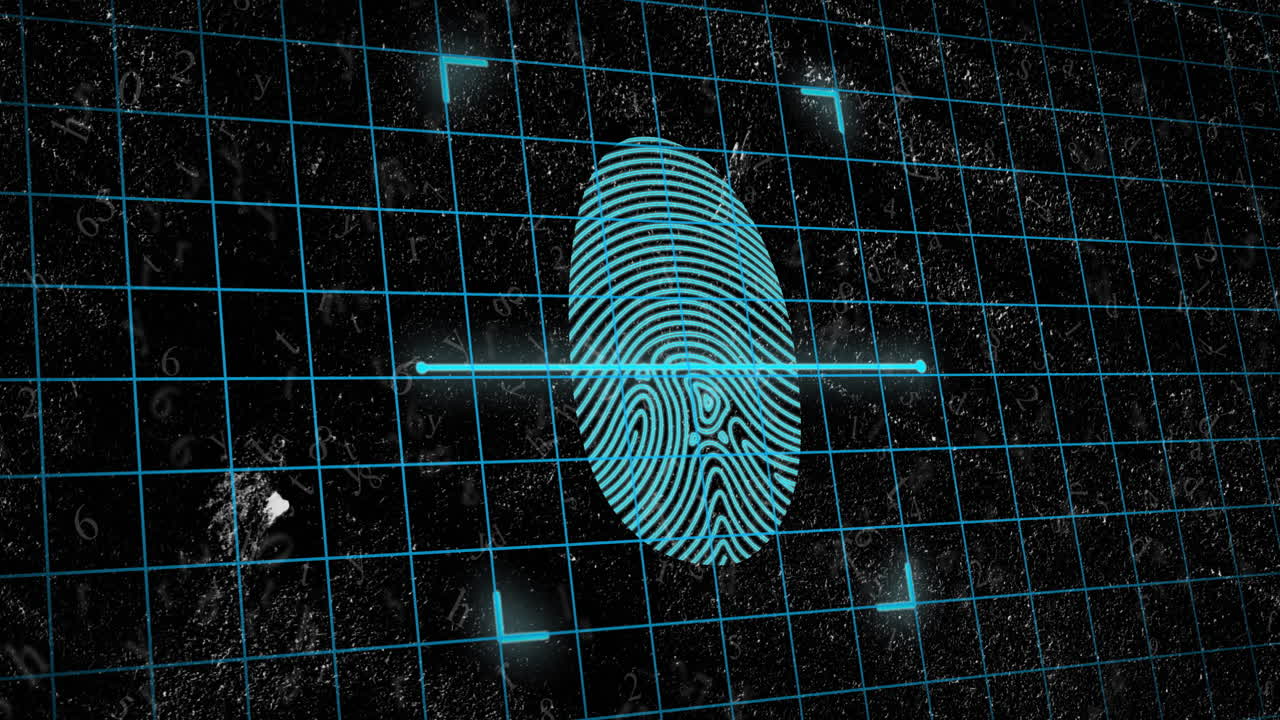 animación de huellas dactilares biométricas y procesamiento de datos sobre un fondo oscuro