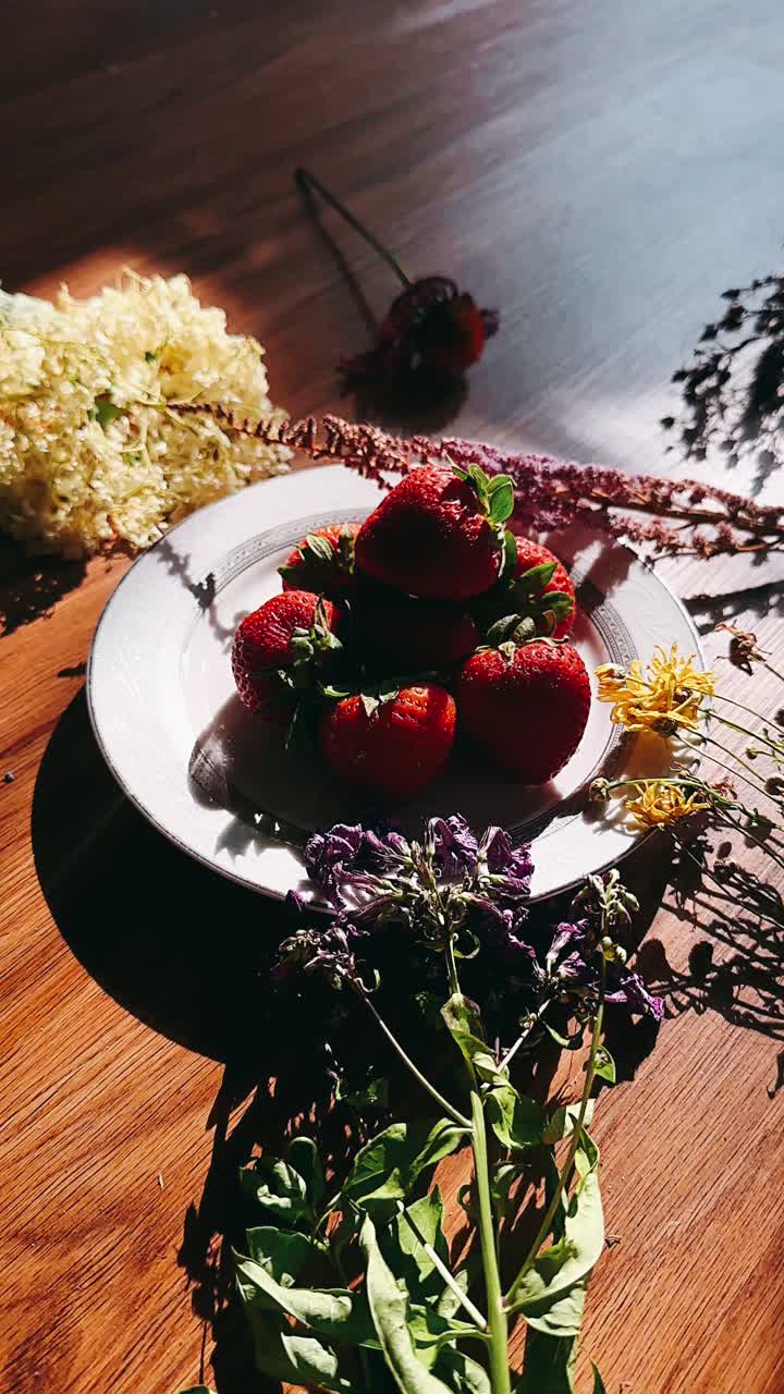 fresas y flores en un plato