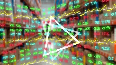 procesamiento de datos del mercado de valores sobre la forma triangular abstracta girando contra el almacén