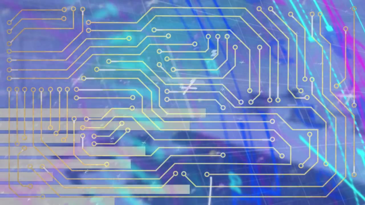 Animation of integrated circuit and processing circle over colorful background