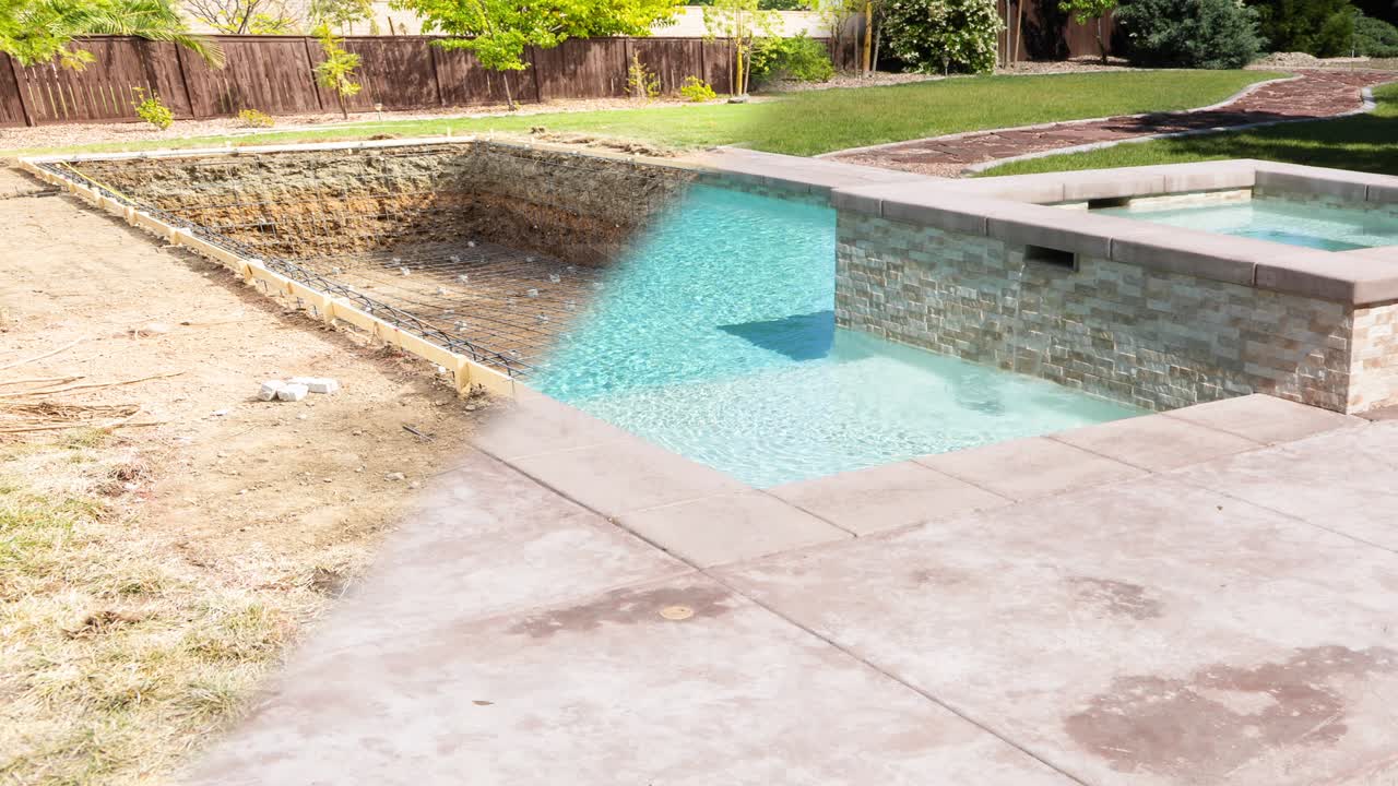 4k sømløs looping cinemagraph af swimmingpoolkonstruktion, der toner ud til en færdig pool