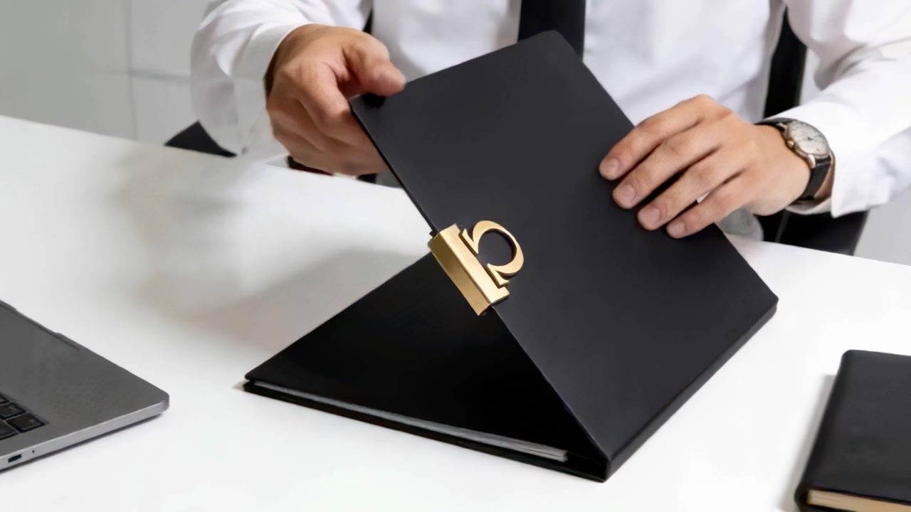 Muž v bílé košili zvedá a otáčí folio se zlatým pantem u stolu, připravuje poznámky na notebooku.