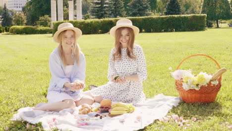 two friends enjoying a summer picnic in a park