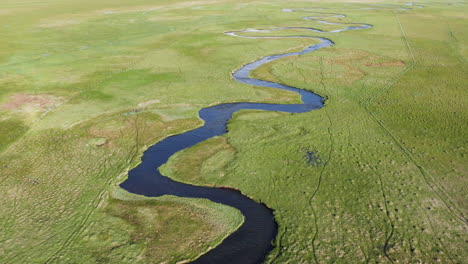 Aerial-perspective-of-the-Owens-River-at-Benton-Crossing,-displaying-the-meandering-river's-intricate-loops-and-turns-within-the-green-expanse-of-fields-and-under-a-sunny-sky