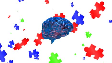 Animation-of-puzzles-and-brain-floating-over-white-background