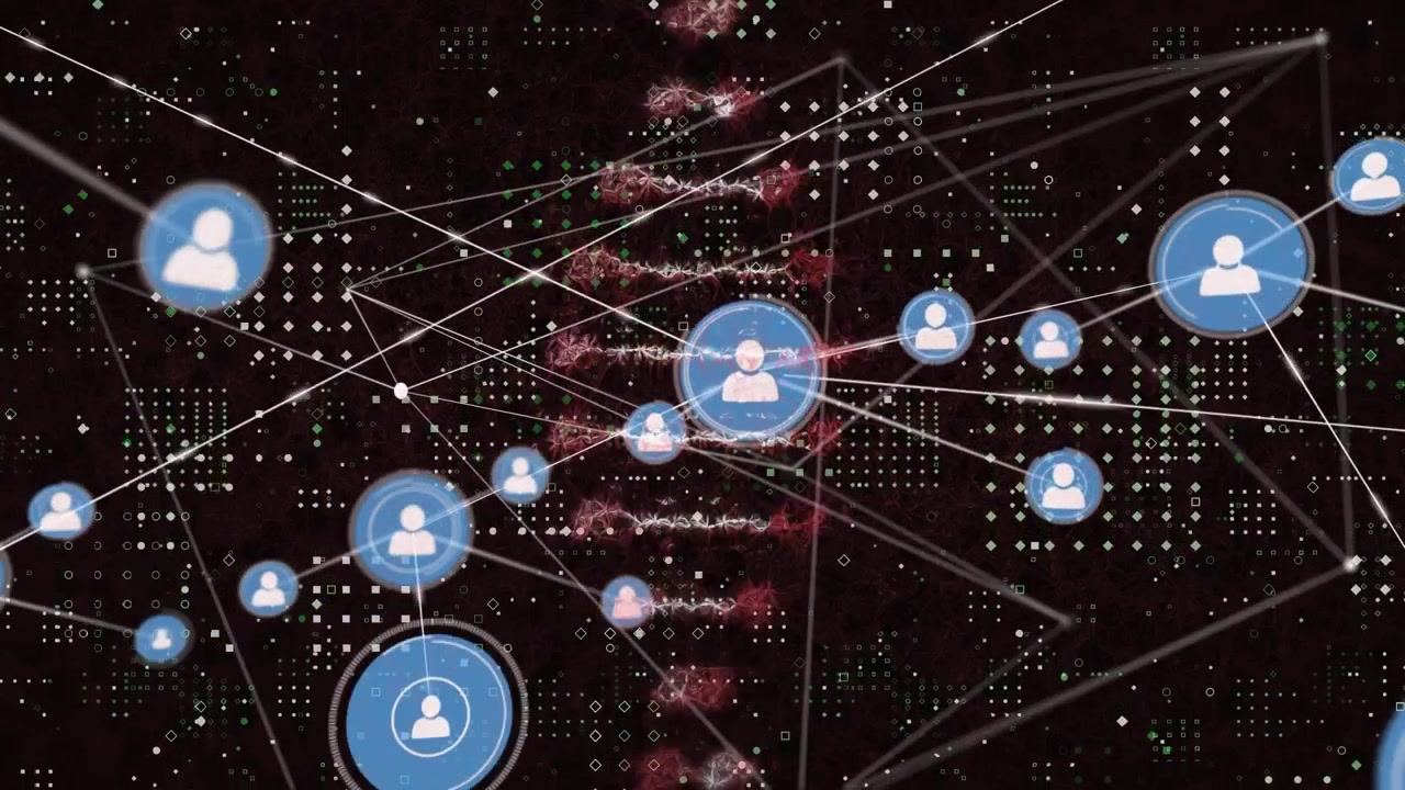 Animation of network of connections with icons and on black background