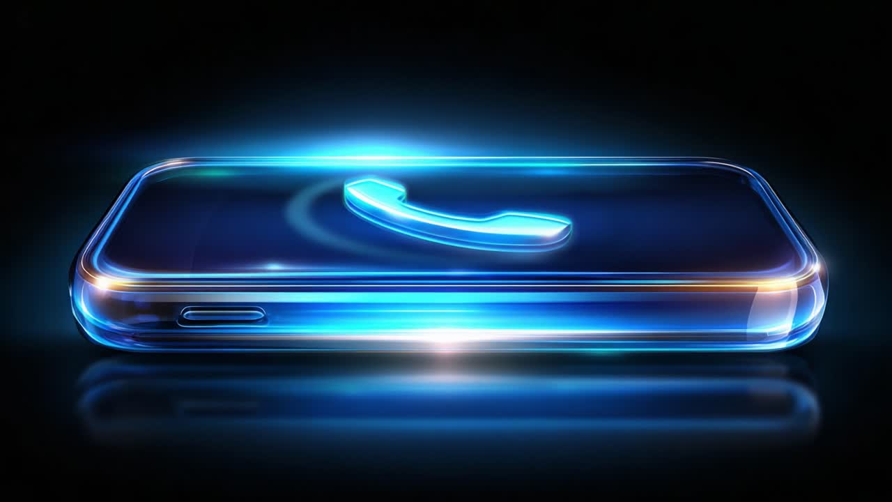 Un design futuristico di smartphone in vetro con un'icona del telefono vibrante illuminata con finitura blu lucida, perfetto per le moderne tecnologie di comunicazione