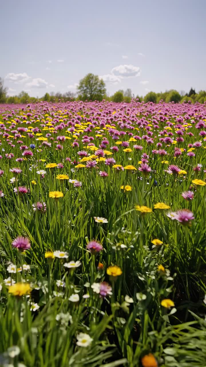 A low-angle video captures a vibrant field of wildflowers under a clear sky, showcasing the colorful