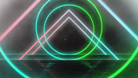 animation of tunnel of glowing bright geometric circle and triangle outlined in green and pink movin