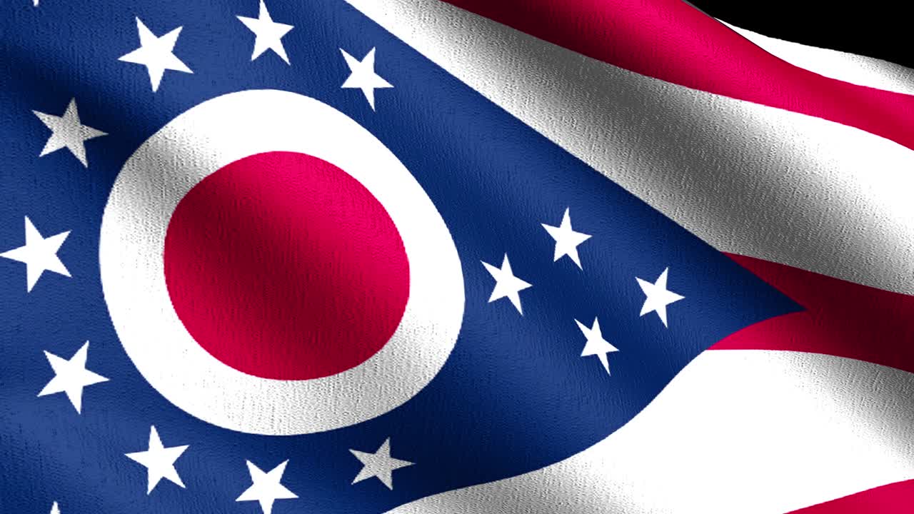 bucle sin costura 4k vdo. bandera del estado de ohio en los estados unidos de américa, estados unidos, soplando en el viento aislado. diseño abstracto patriótico oficial. ilustración de renderización 3d del símbolo de señal ondulante.