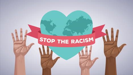 stop the racism campaign with hands human up and earth planet heart