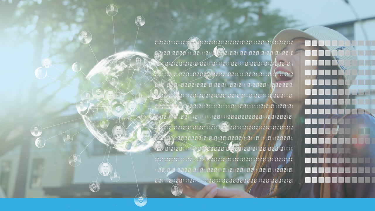 Animation of globe and data processing over woman using smartphone