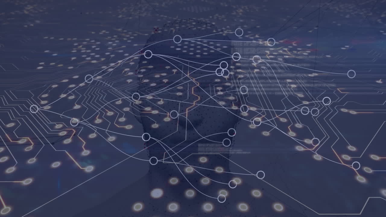 Animation of network of connections and computer circuit board over digital human head
