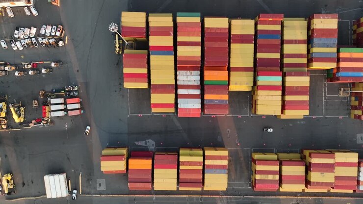 Top down aerial of containers at shipping port in USA