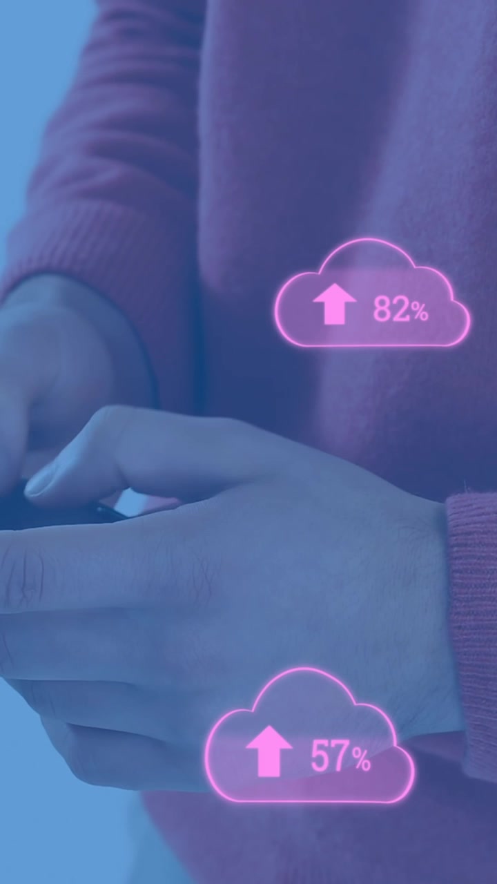 Animation of clouds with arrows and percent going up over caucasian man using smartphone