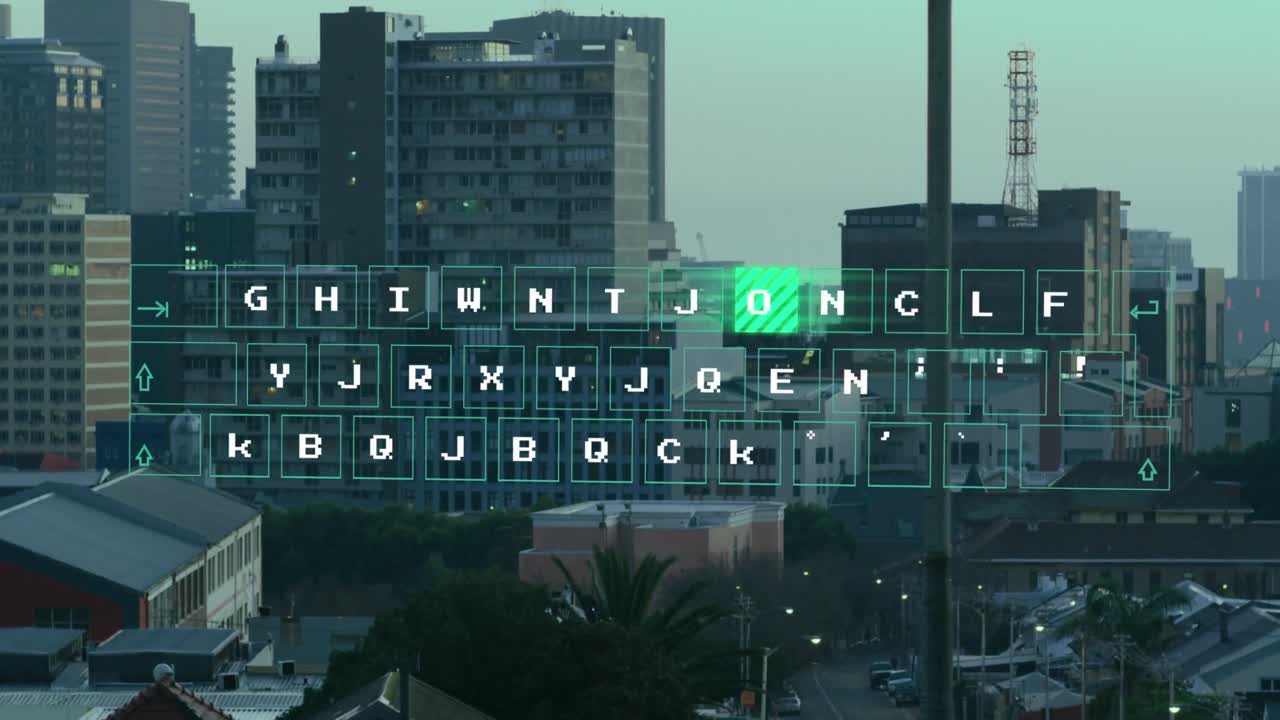 Animation of data processing over cityscape