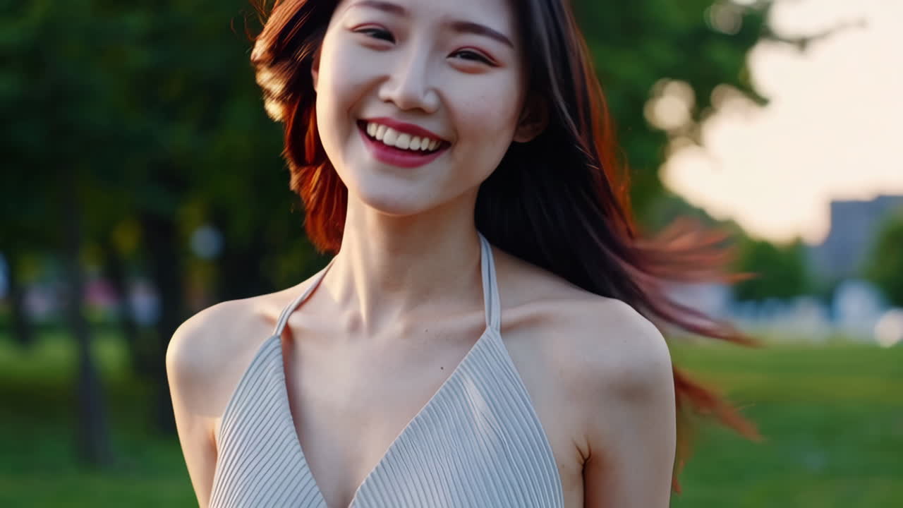 Smiling Asian Woman in a Park