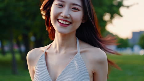 smiling asian woman in a park