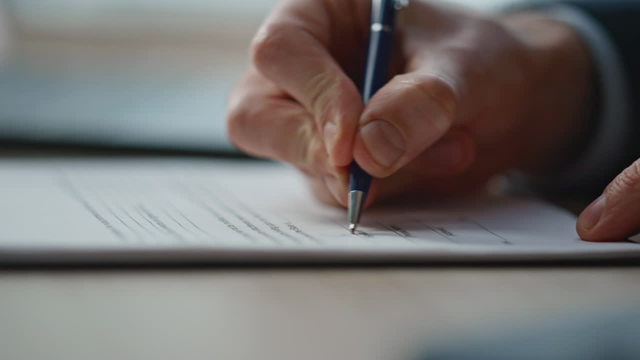 Executive hands signing document at office desk closeup. Manager filling form