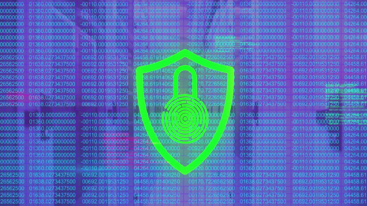 animazione dell'elaborazione dei dati e del lucchetto biometrico per le impronte digitali su server informatici