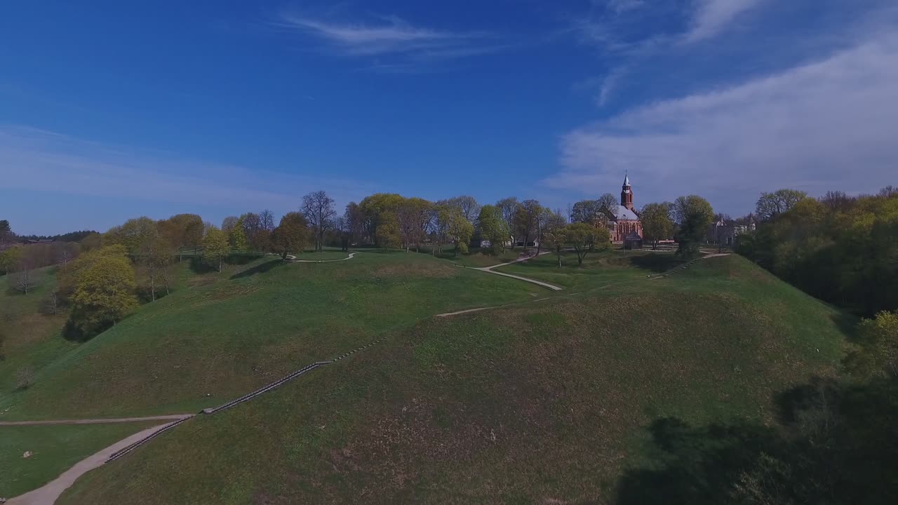 Neo-Gothic St. Church of the Virgin Mary Scapular in the Old Lithuanian Capital Kernave. 4K Aerial