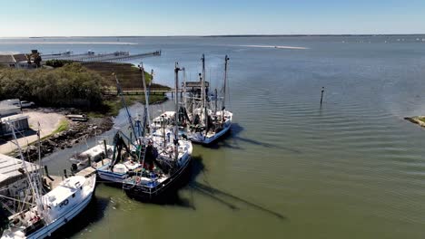 aerial pullout over shrimp trawlers near charleston sc, south carolina along shem creek